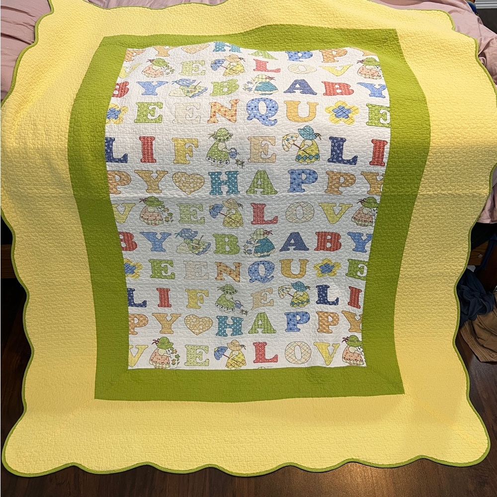 Hand made baby quilt scalloped edge bed blanket wall hanging alphabet